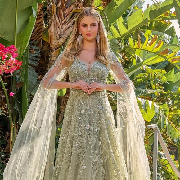 New Rhinestones Embellished Mesh MOB Gown w/ Cape Sleeves & Layered Skirt GL3838 - Picture 1 of 14